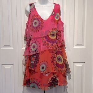 Desigual Pink V Neck Sleeveless Tiered Ruffle Lined Dress Size 44 EU (US‎ Large)